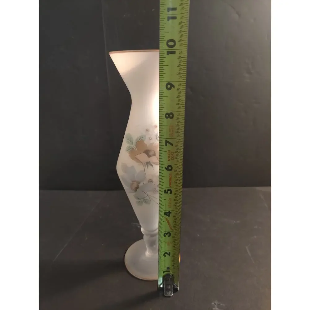 Vintage Frosted Satin Glass Hand Painted Floral Bud Vase Gold Trim